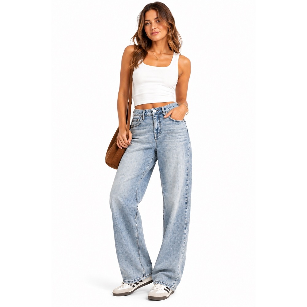 Good American High Rise Wide Leg Jeans Light Wash Blue Size 2 26 Relaxed Denim